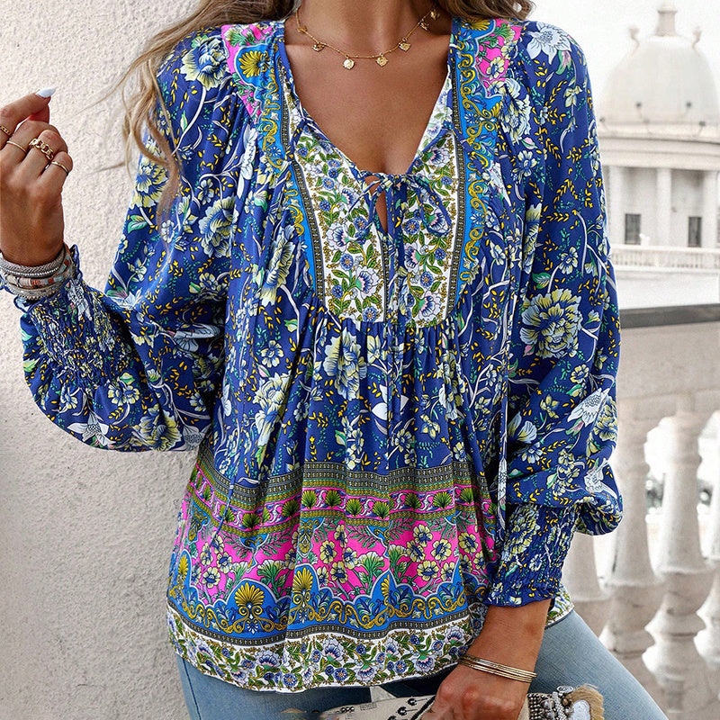 Long Sleeve Blouse Floral Print V-Neck