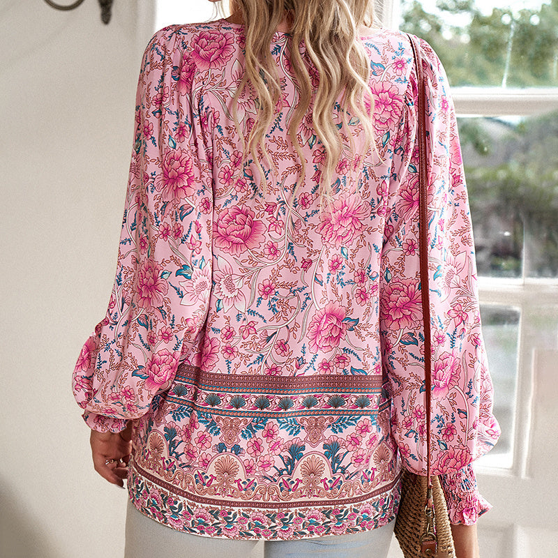 Long Sleeve Blouse Floral Print V-Neck