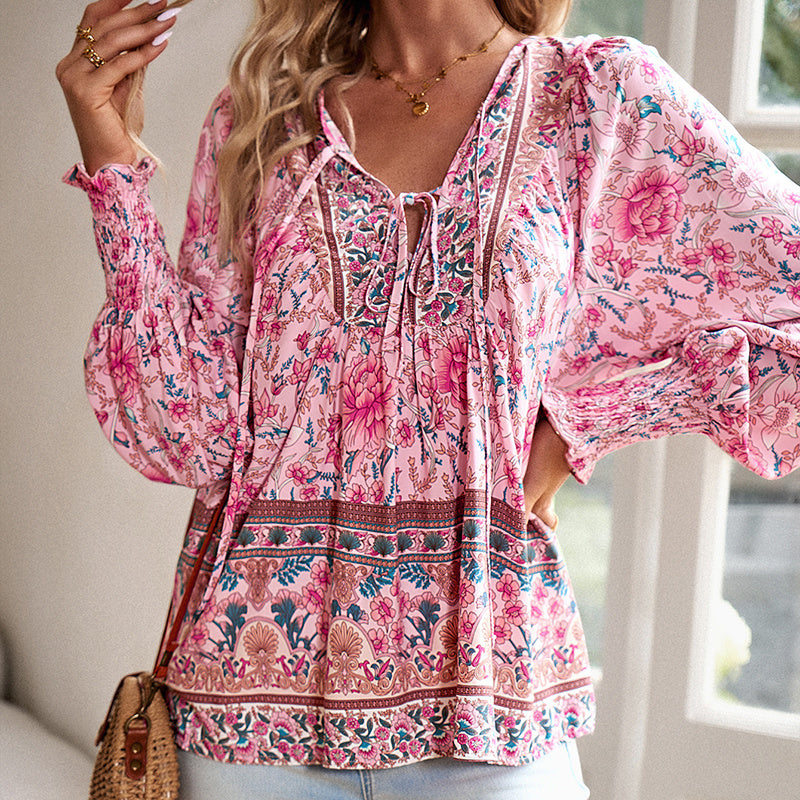 Long Sleeve Blouse Floral Print V-Neck
