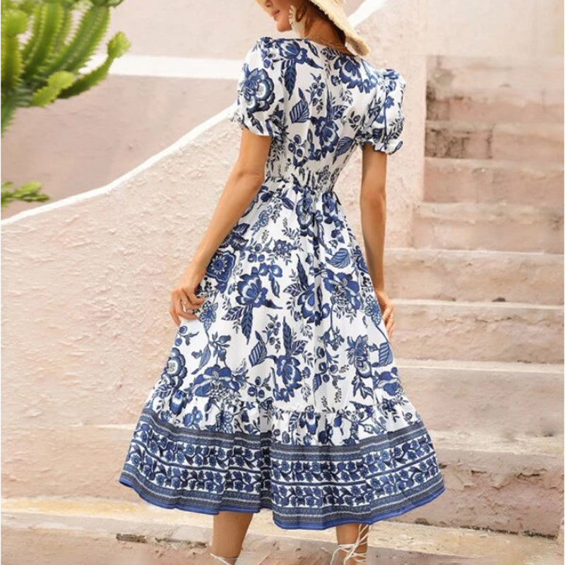 Women's Floral Maxi Dress Short Puff Sleeve