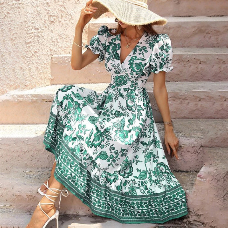 Women's Floral Maxi Dress Short Puff Sleeve