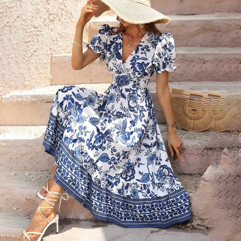 Women's Floral Maxi Dress Short Puff Sleeve