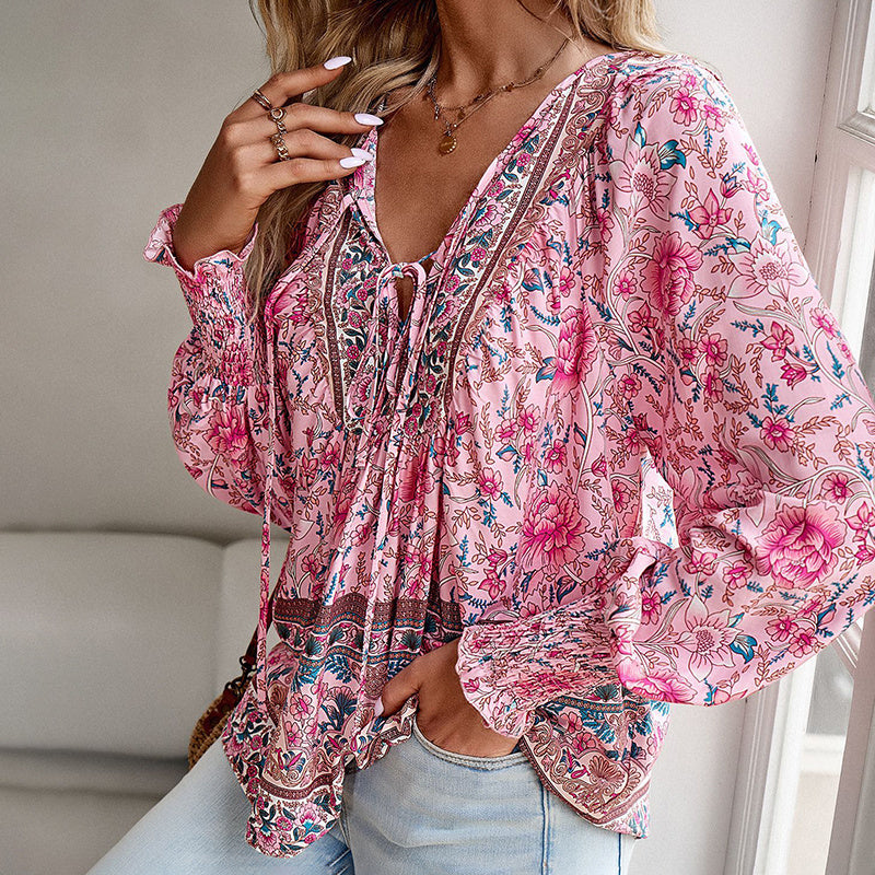 Long Sleeve Blouse Floral Print V-Neck