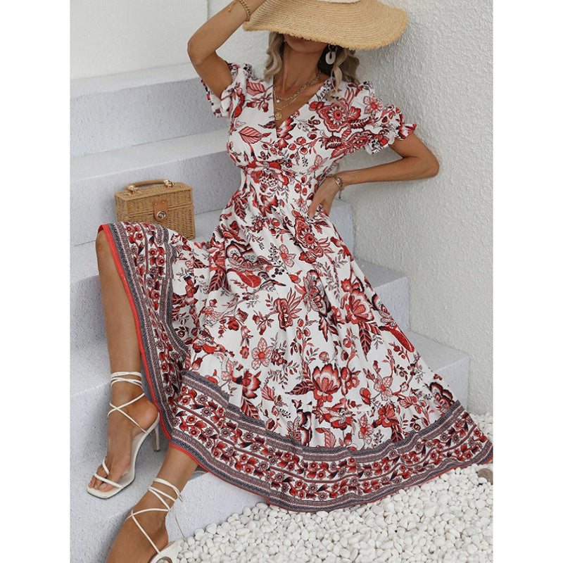 Women's Floral Maxi Dress Short Puff Sleeve