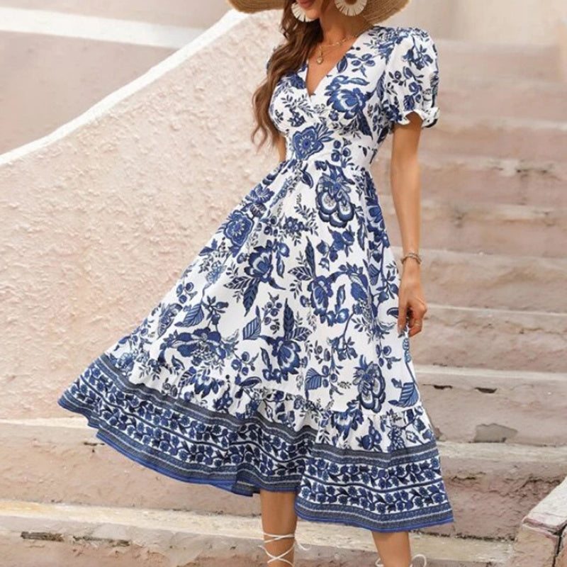 Women's Floral Maxi Dress Short Puff Sleeve