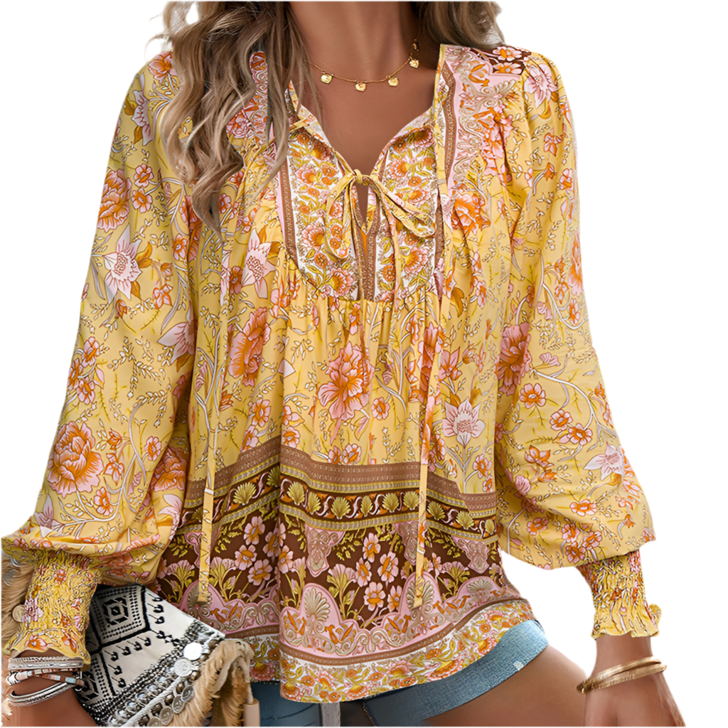 Long Sleeve Blouse Floral Print V-Neck