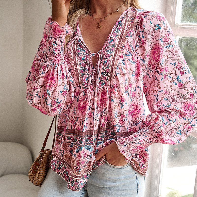 Long Sleeve Blouse Floral Print V-Neck