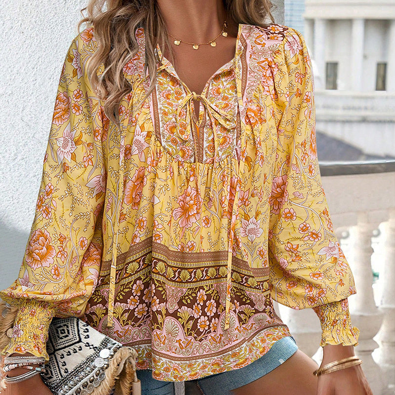 Long Sleeve Blouse Floral Print V-Neck