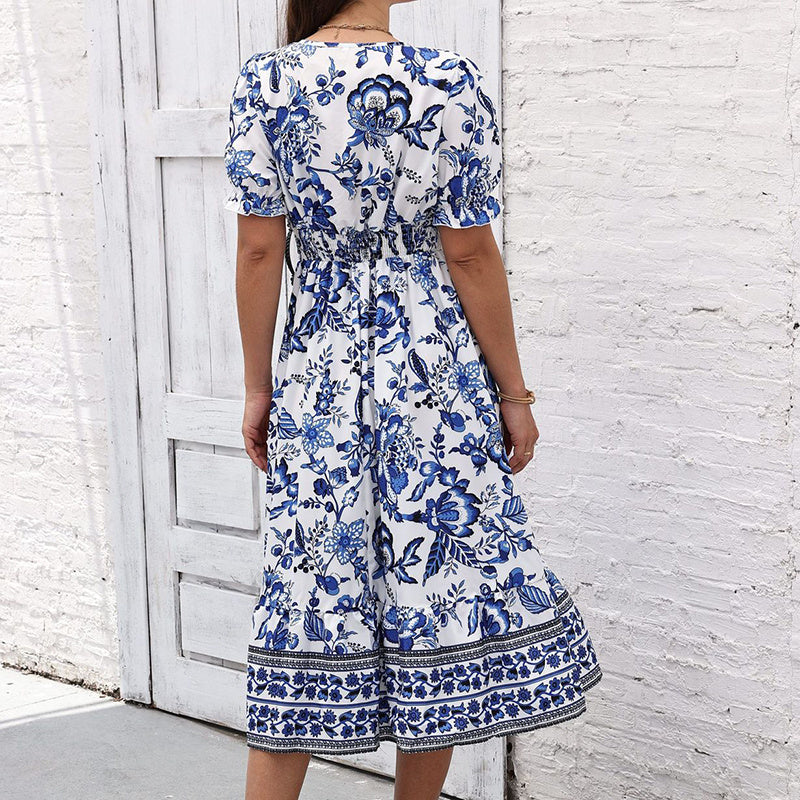 Women's Floral Maxi Dress Short Puff Sleeve
