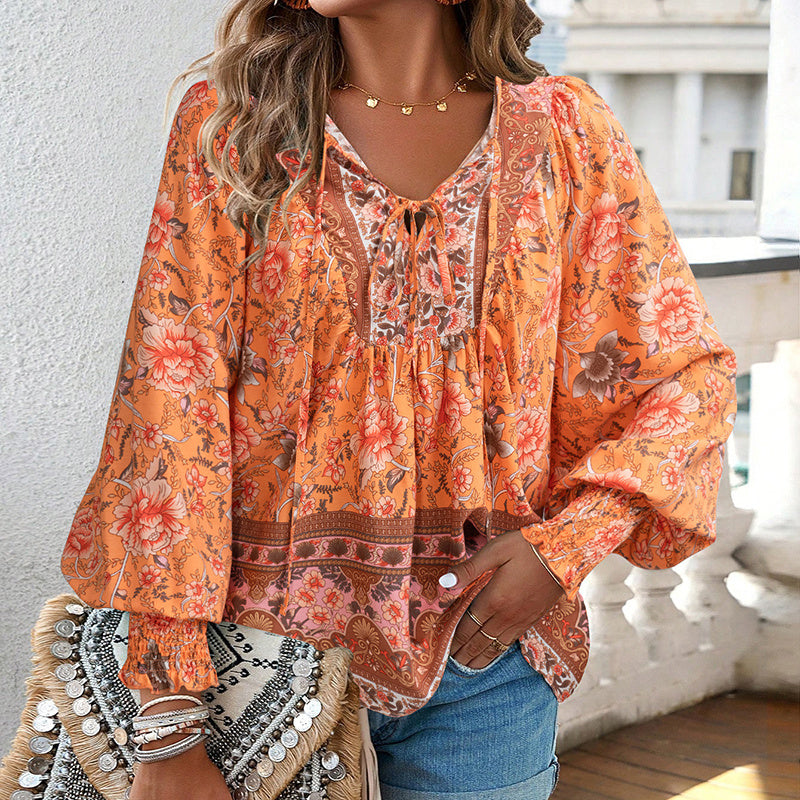 Long Sleeve Blouse Floral Print V-Neck