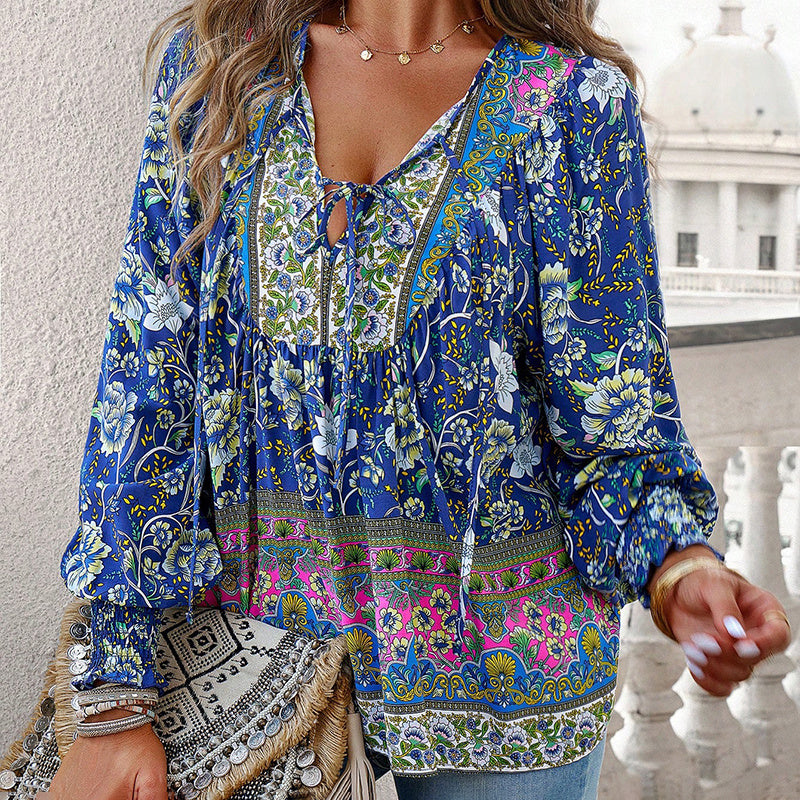 Long Sleeve Blouse Floral Print V-Neck