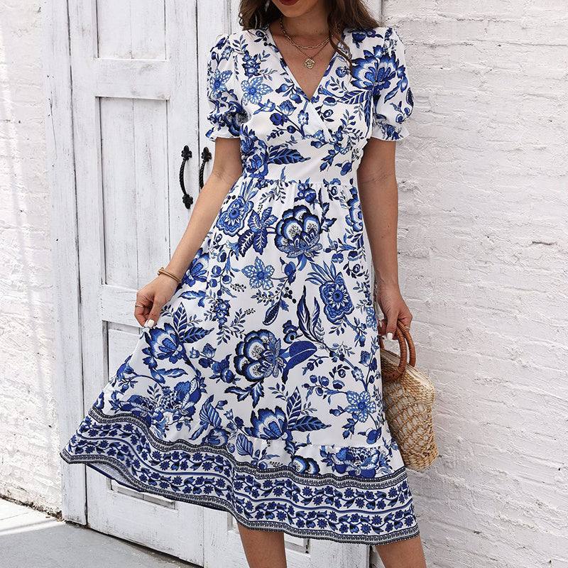 Women's Floral Maxi Dress Short Puff Sleeve