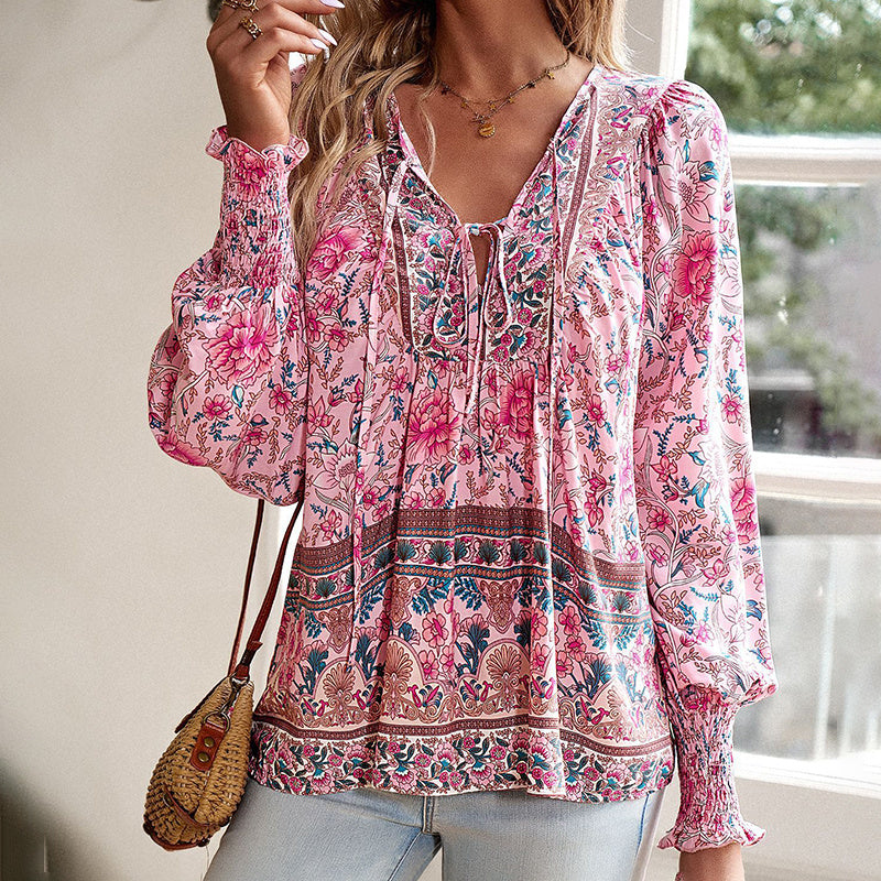 Long Sleeve Blouse Floral Print V-Neck