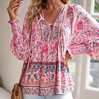 Long Sleeve Blouse Floral Print V-Neck