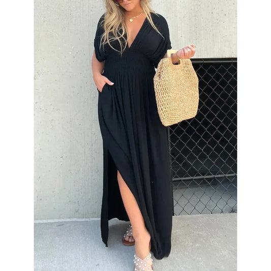 Summer Short Sleeve Elastic Waist Long Dresses