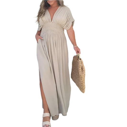Summer Short Sleeve Elastic Waist Long Dresses