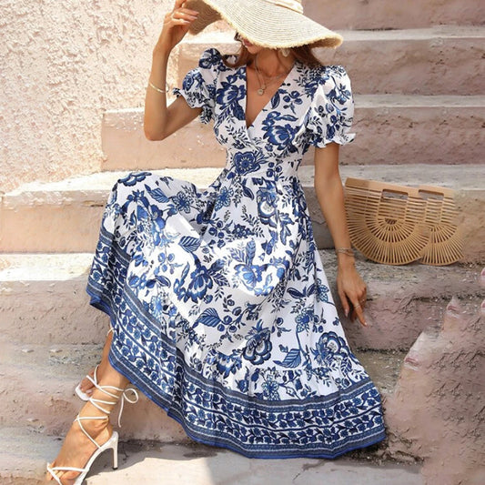 Women's Floral Maxi Dress Short Puff Sleeve