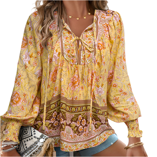Long Sleeve Blouse Floral Print V-Neck