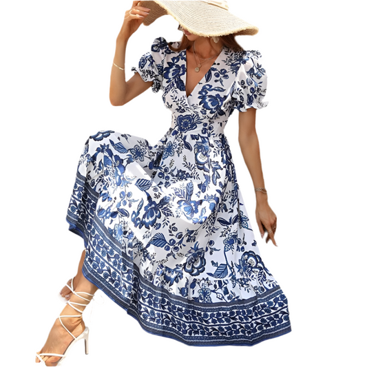 Women's Floral Maxi Dress Short Puff Sleeve
