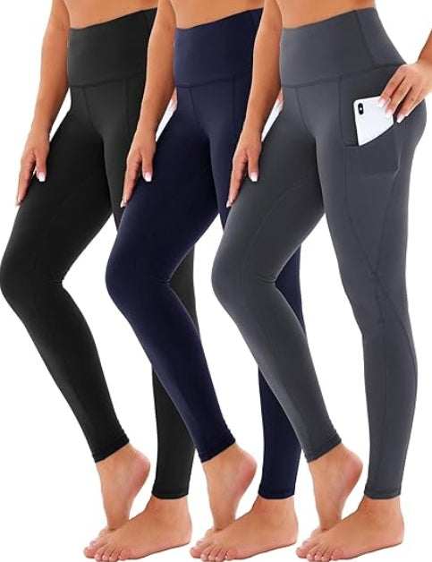 Yoga Pants - Cropped High-waisted Oblique Pockets, 3 Pieces