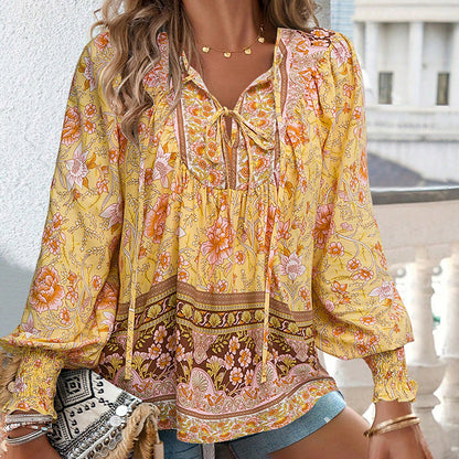 Long Sleeve Blouse Floral Print V-Neck