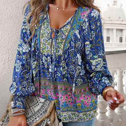 Long Sleeve Blouse Floral Print V-Neck