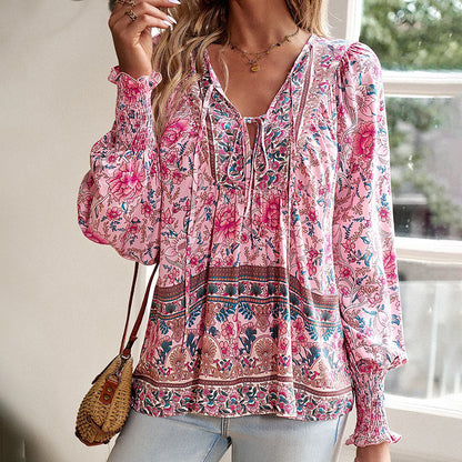 Long Sleeve Blouse Floral Print V-Neck
